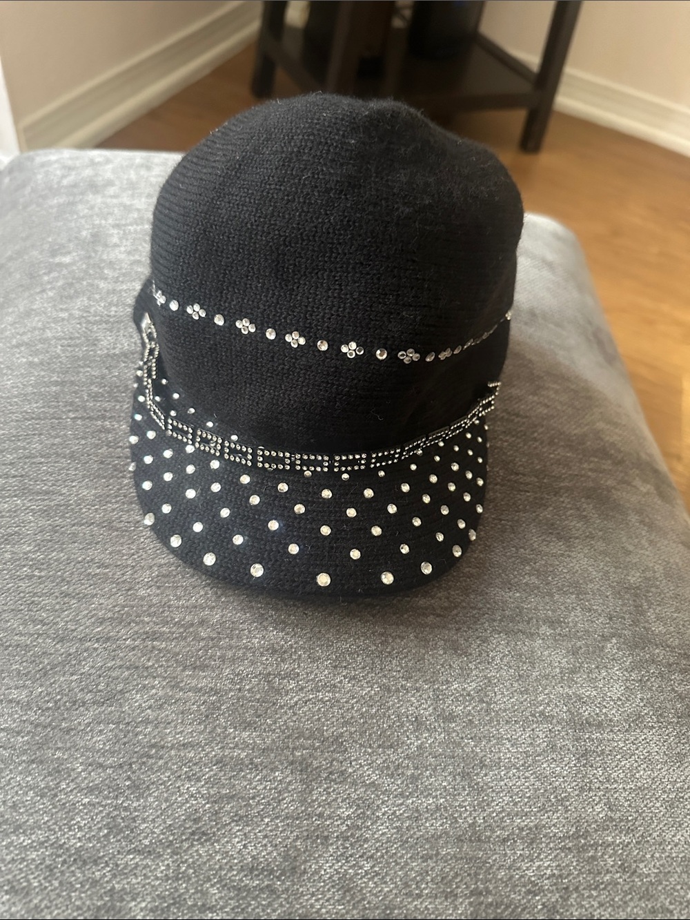 Black Rhinestone Knit Visor Hat - Women's Sparkle Accent Cap
